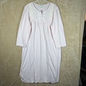 Miss Elaine Womens 1X Pink Striped Nightgown Lace Floral Embroidery Long Sleeve